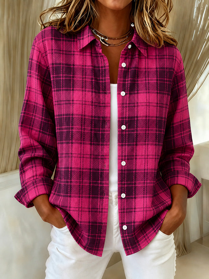 Women's Pink Plaid Print Lapel Long Sleeve Shirt