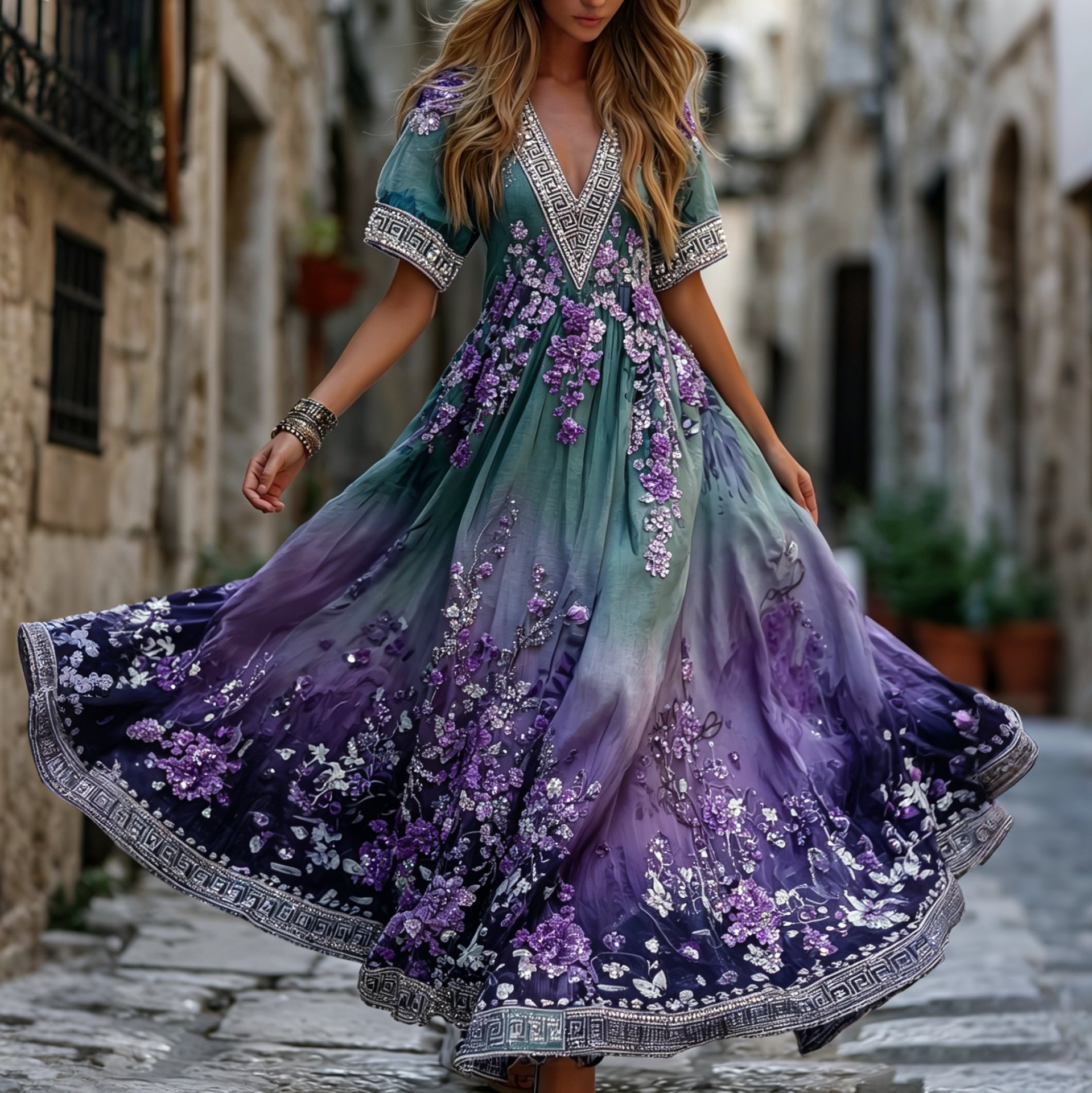 Vintage Classy Gradient Purple Lavender And Floral Art Linen Blend Loose V Neck Maxi Dress