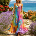 Women's Hippie Floral Peace Sign Contrast Patchwork Sleeveless Dress