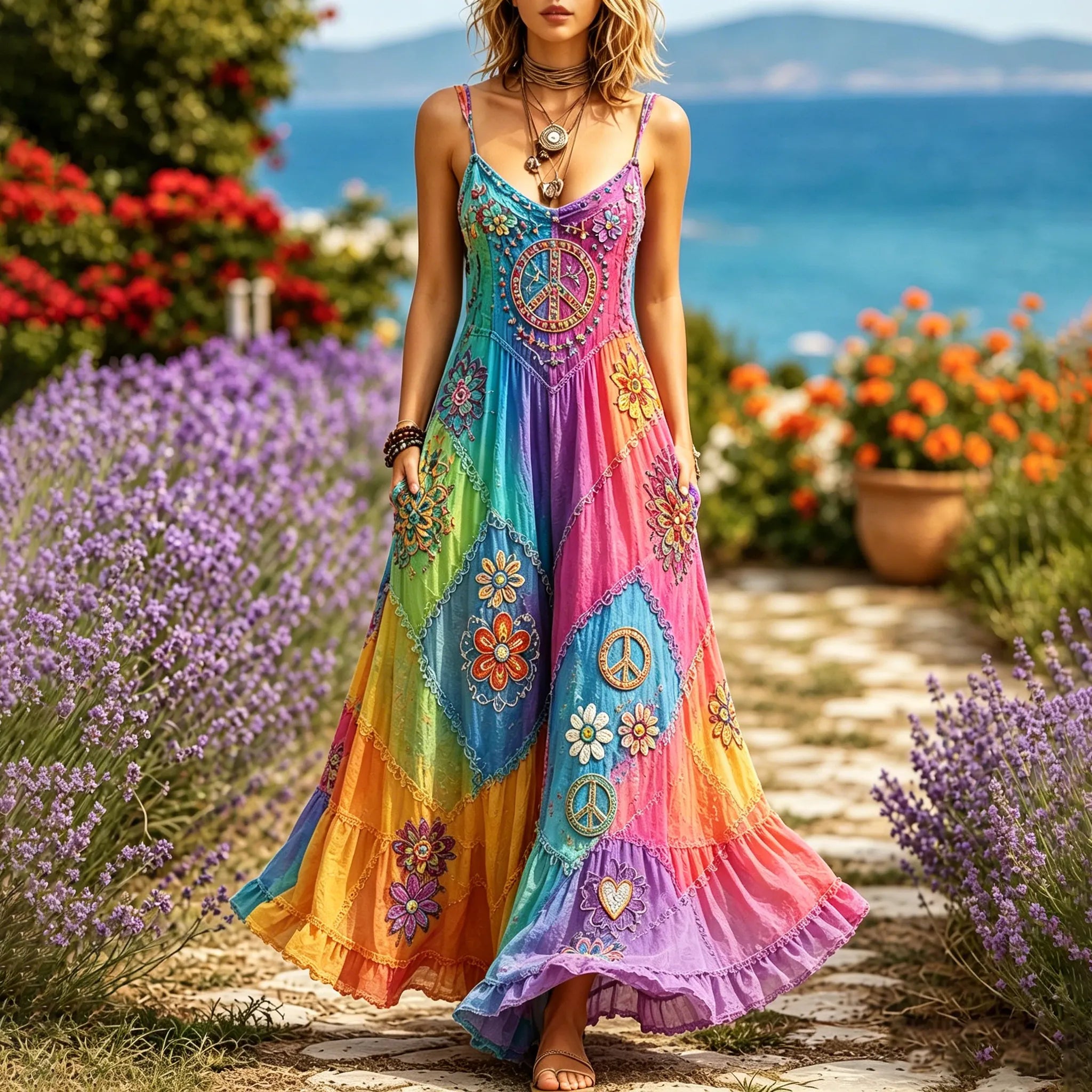 Women's Hippie Floral Peace Sign Contrast Patchwork Sleeveless Dress