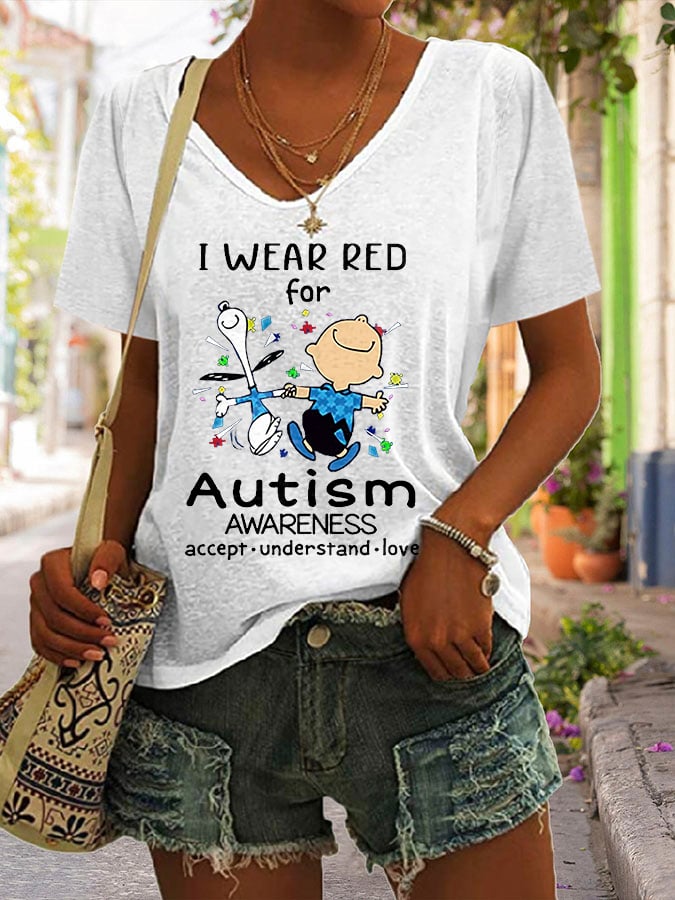 V-neck Autism Awareness I Wear Red For Autism Print T-Shirt
