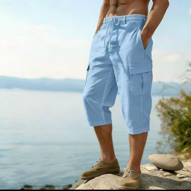 Men's Linen Cargo Pants Drawstring Multi-Pocket Straight Leg Breathable Outdoor Beach Classic Casual Pants