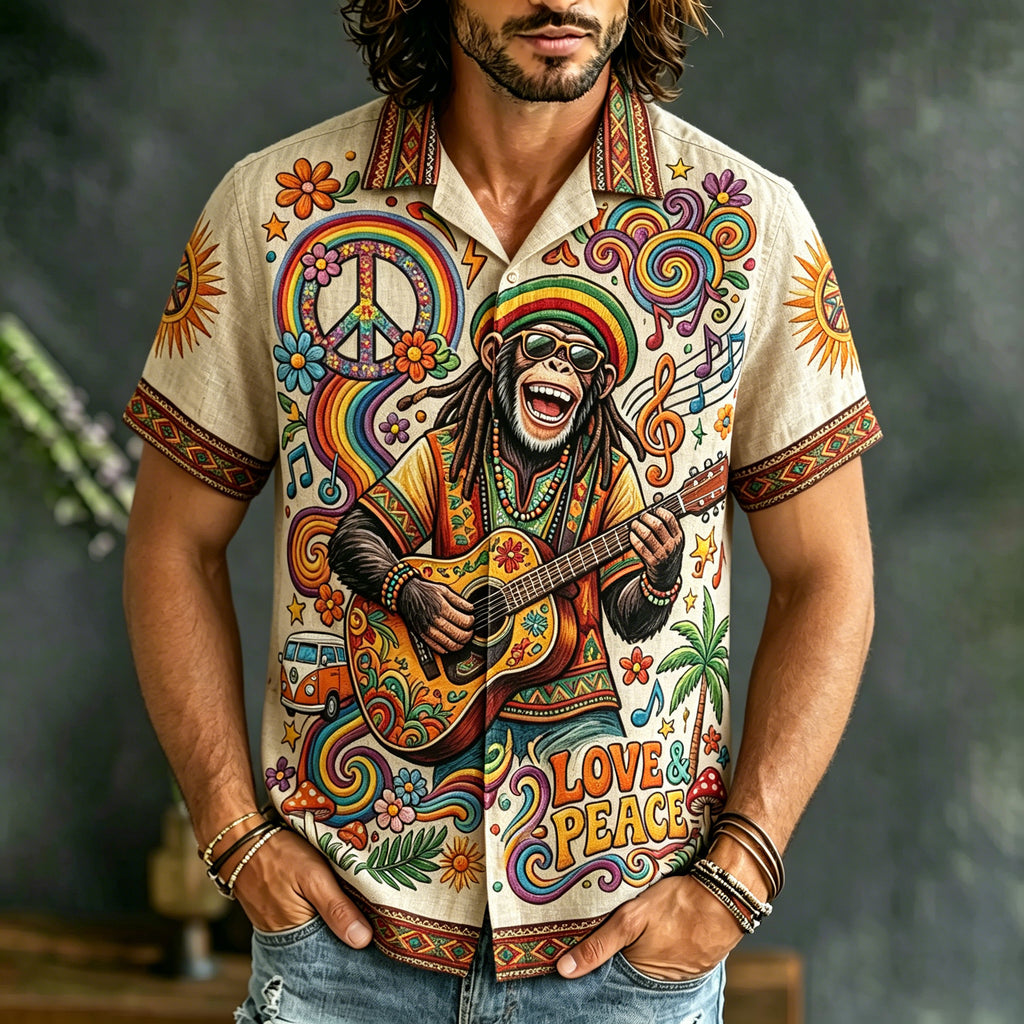 Men's Casual Hippie Music Print Short-sleeve Shirt