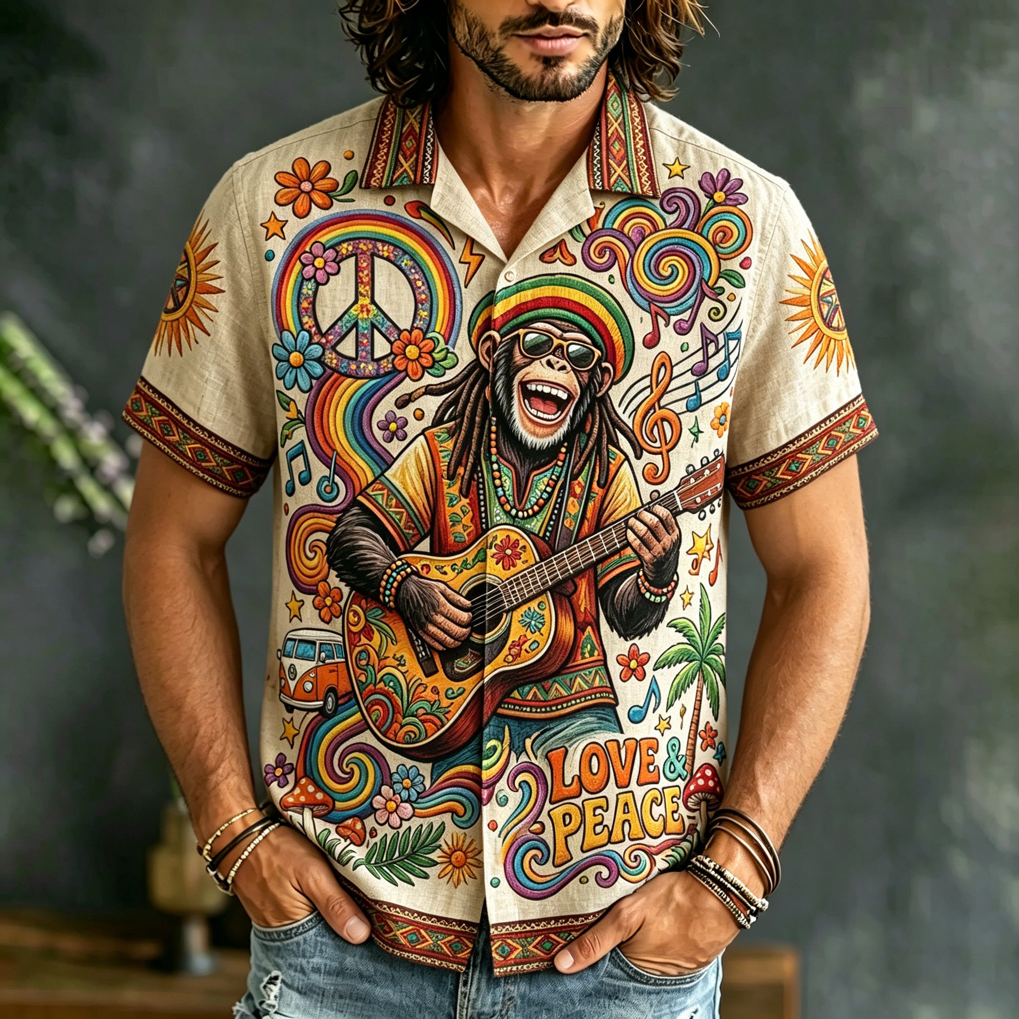 Men's Casual Hippie Music Print Short-sleeve Shirt