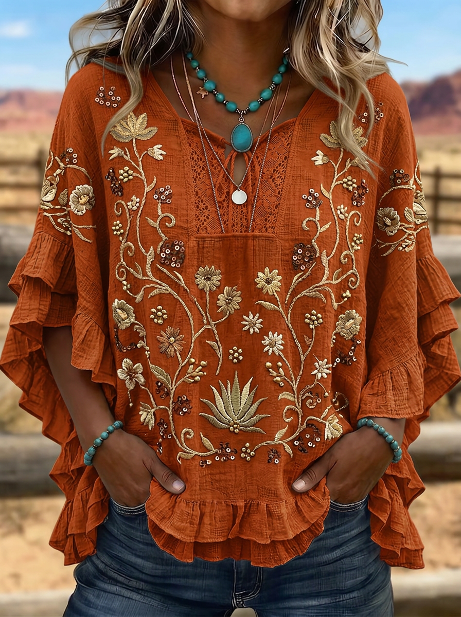 Women's Western Vintage Floral Embroidered Ruffle Sleeve Top