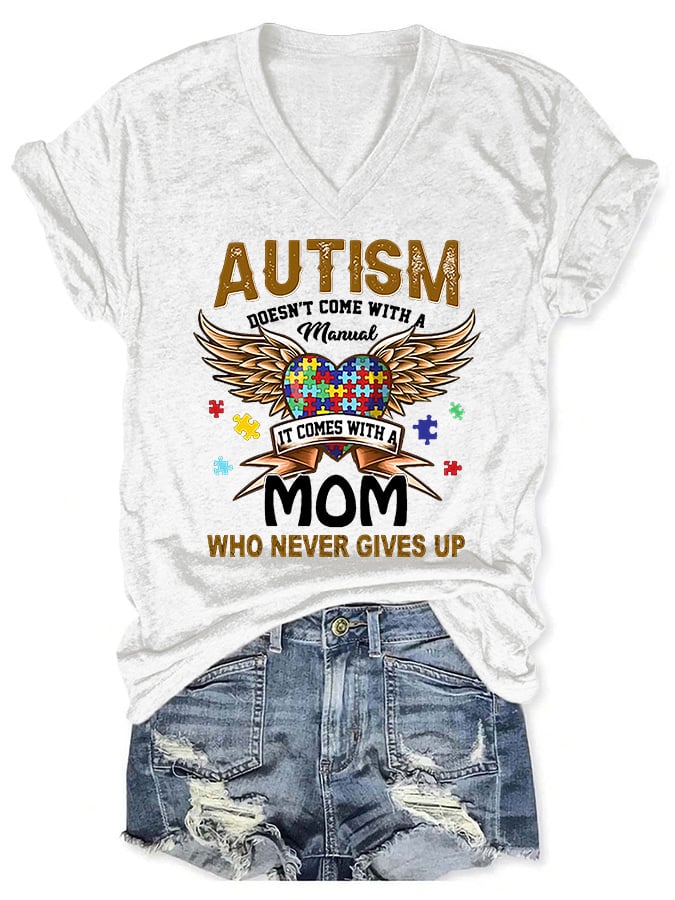 V-neck Autism Mom Print T-Shirt