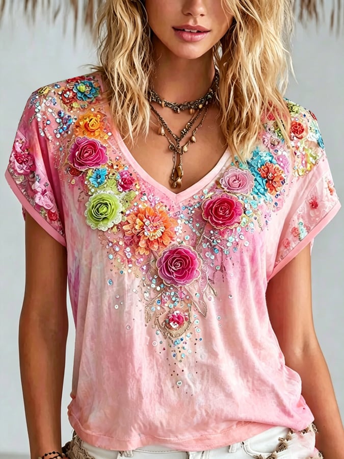 Women's Retro Breast Cancer Floral Print Top
