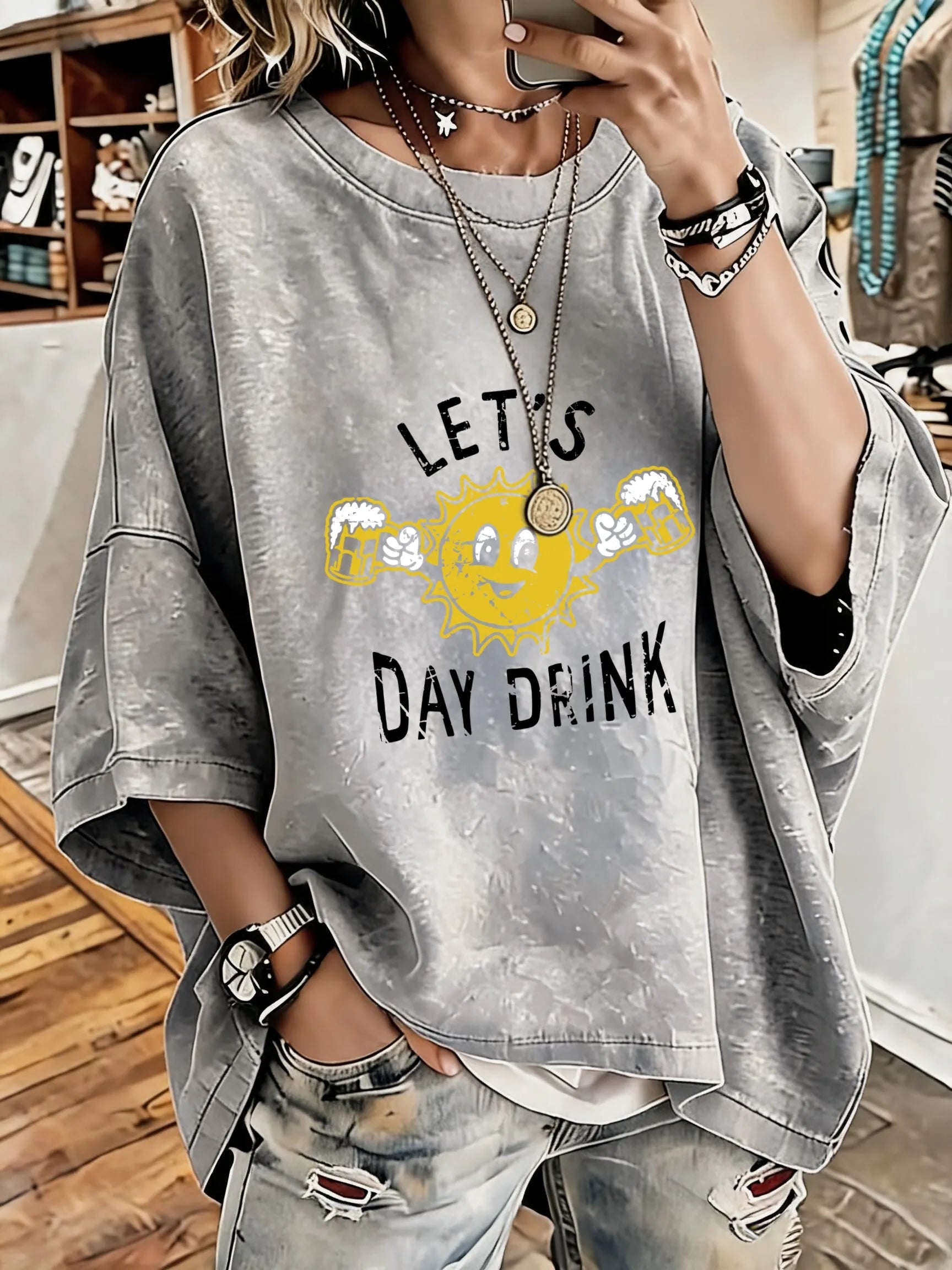 Women'S Vintage Distressed Washed Lets Day Drink Oversized T-Shirt