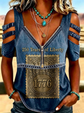 Women's Western Independence Day 1776 Retro Stamp Printed T-shirt