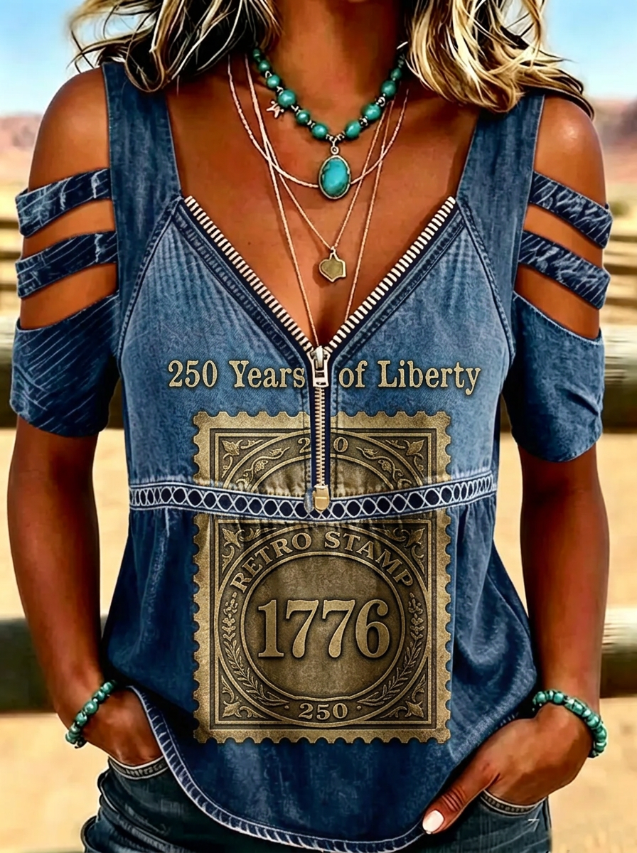 Women's Western Independence Day 1776 Retro Stamp Printed T-shirt