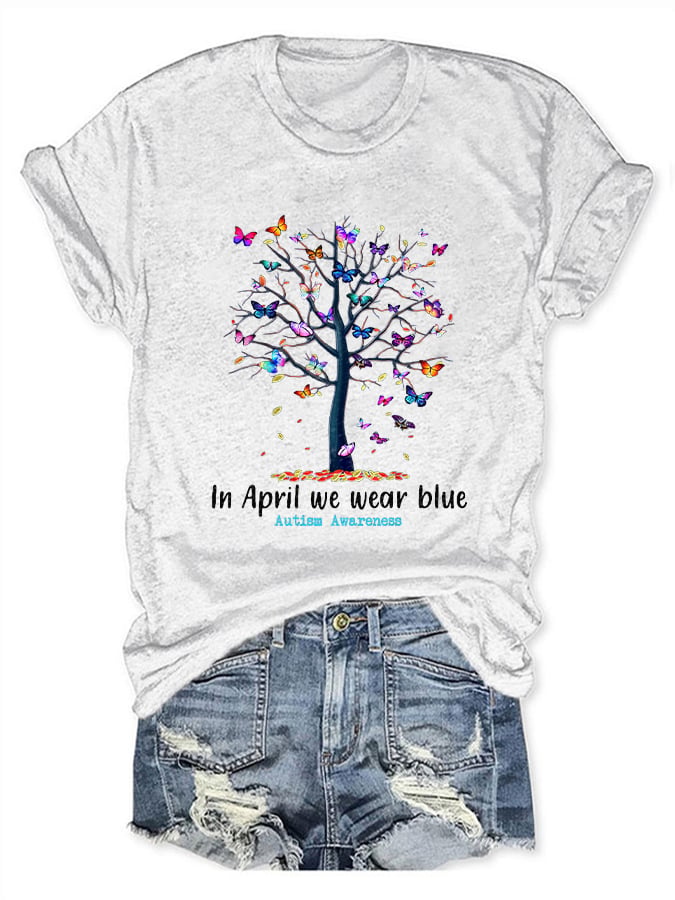 Butterfly Tree Autism Awareness In April We Wear Blue Print T-Shirt