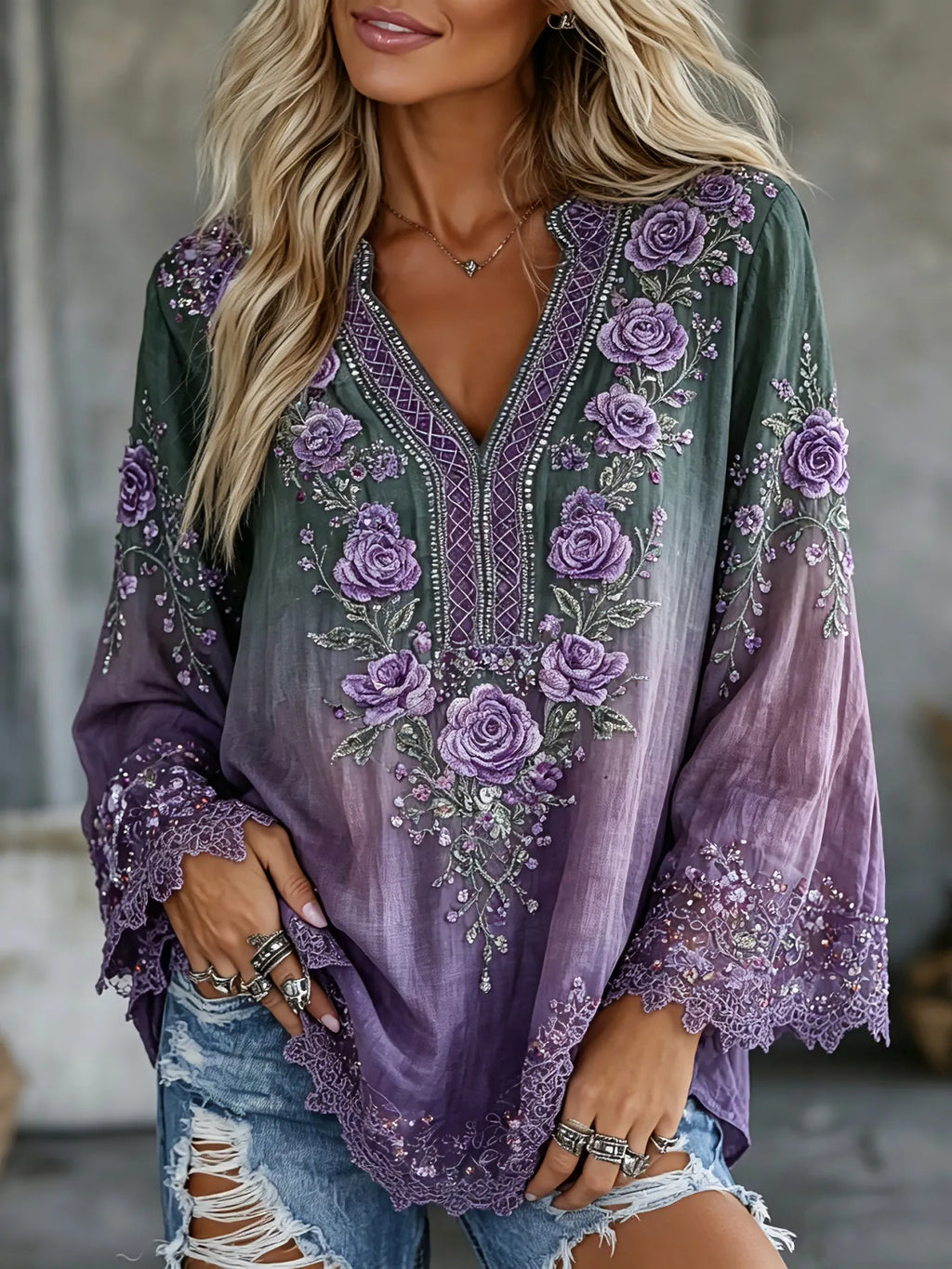 Women's Vintage Floral Gradient Art Flowy Linen Blend Casual T-shirt