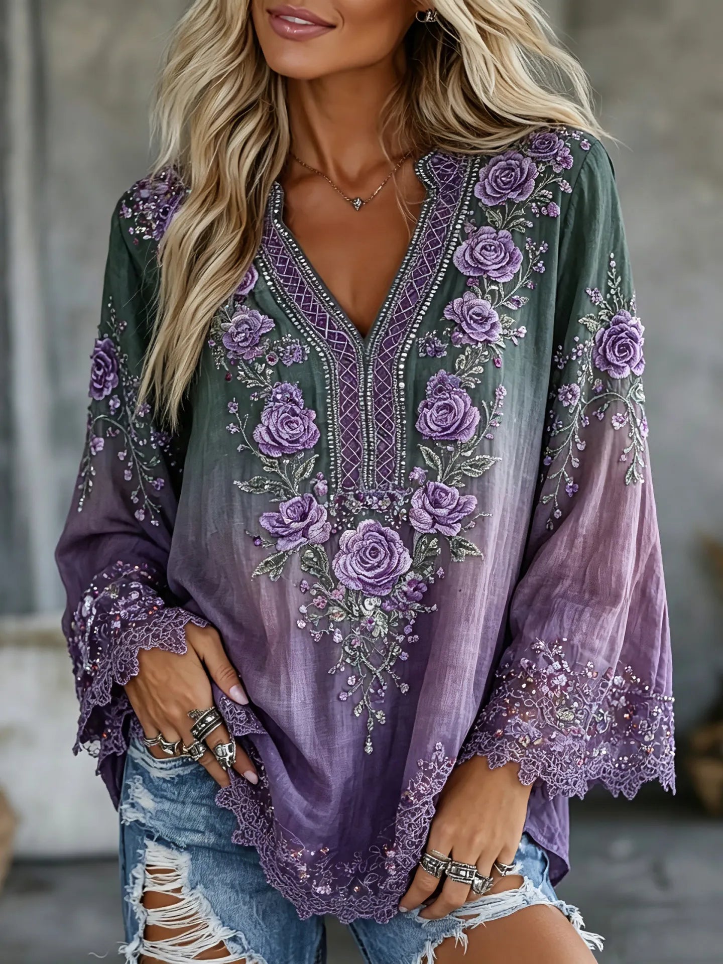 Women's Vintage Floral Gradient Art Flowy Linen Blend Casual T-shirt