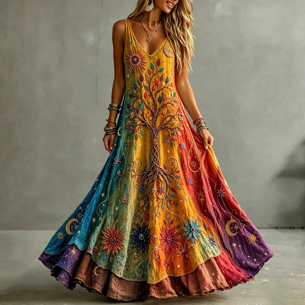 Women's Retro Sun Moon With Tree Of Life Color Gradient Art Pattern Tanks Dress