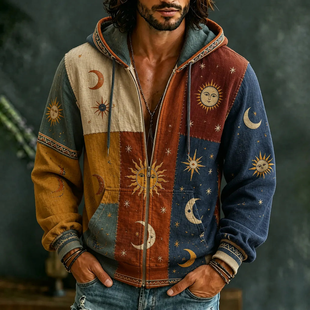 Men's Vintage Sun Moon Star  Patchwork Art Cozy Warm Zipper Hoodie