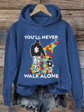 Retro Autism Awareness Dad And Son You'll Never Walk Alone Print Hoodie