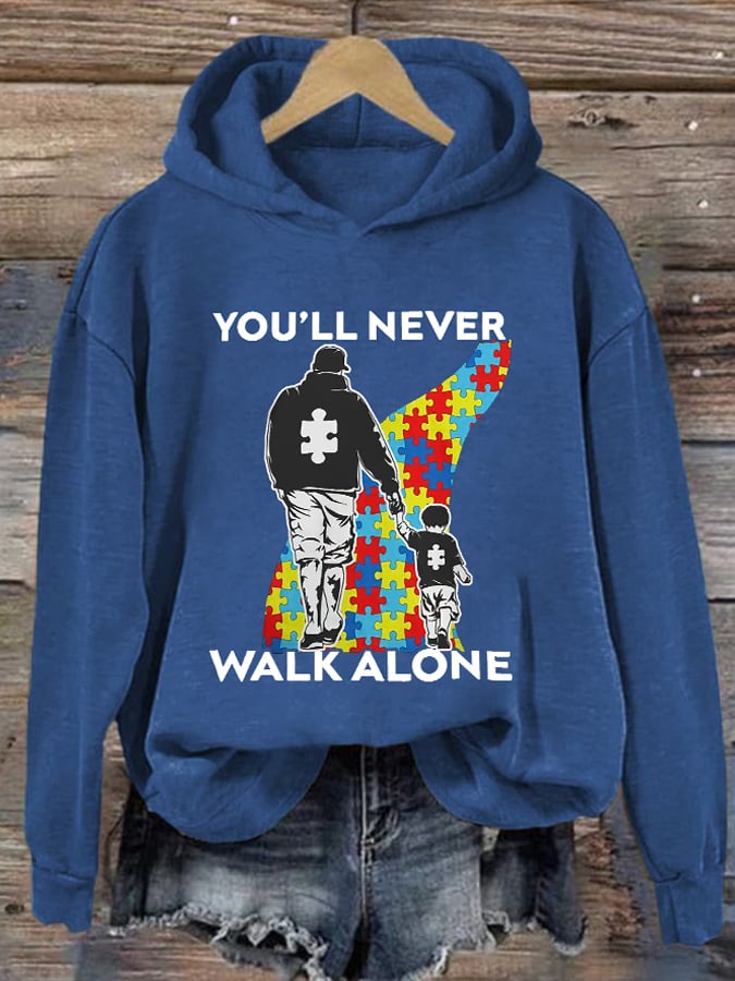 Retro Autism Awareness Dad And Son You'll Never Walk Alone Print Hoodie