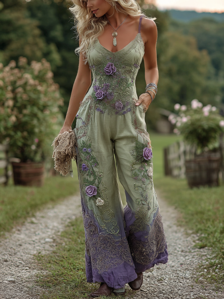 Vintage Classy Gradient Purple Lavender And Floral Embroidered Pattern Art Cotton Linen Jumpsuit