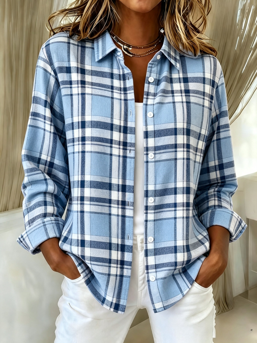 Women's Pink Plaid Print Lapel Long Sleeve Shirt