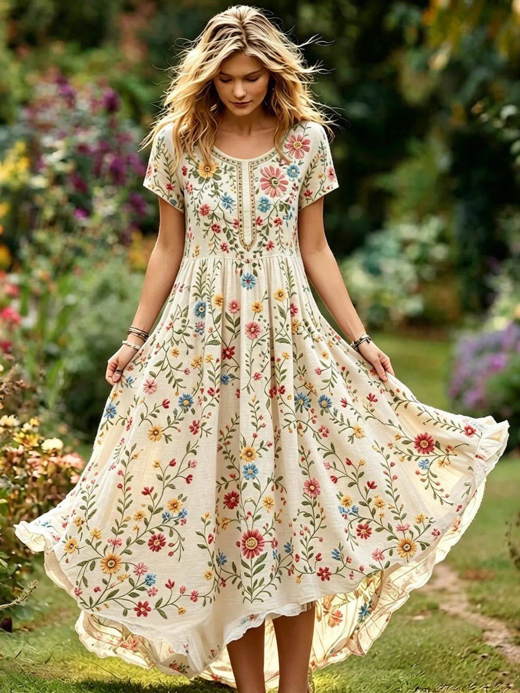 Women's Vintage Floral Pattern Art Embroidered Linen Blend Short Sleeve Dress