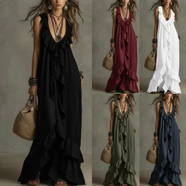Elegant Bohemian V Neck Ruffle Maxi Dress