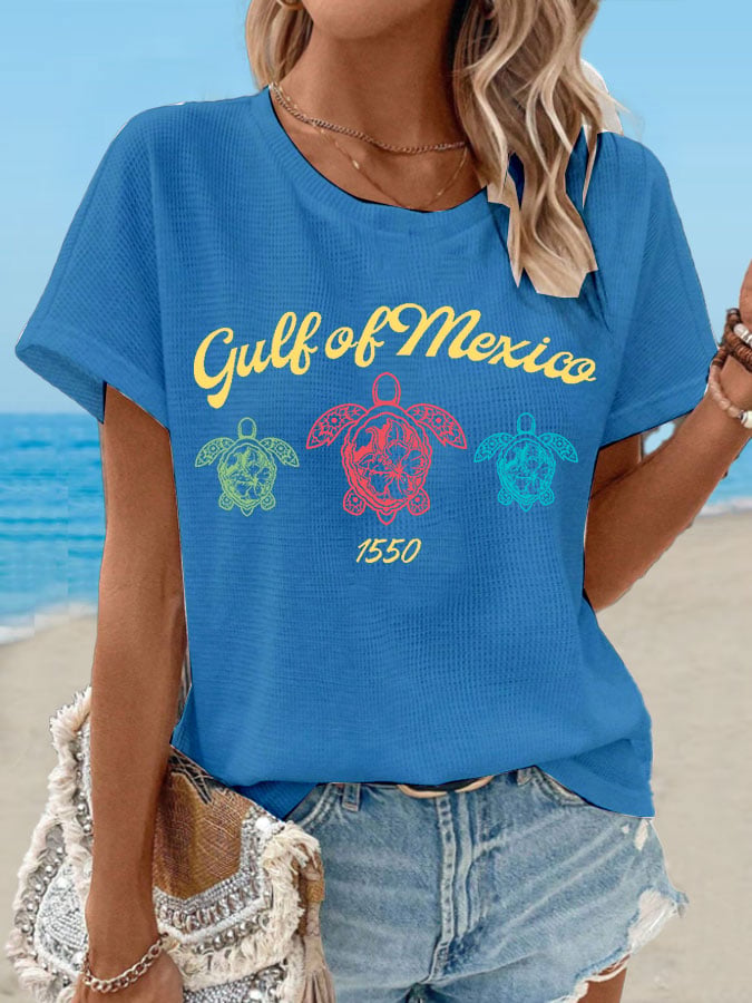 Women's Waffle Gulf Of Mexico Turtle Print T-Shirt