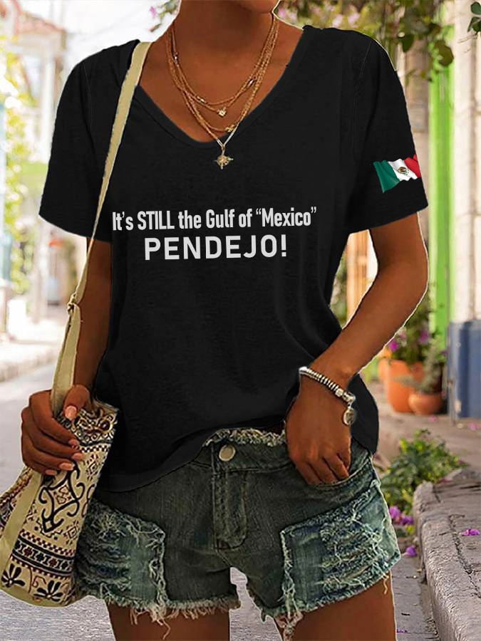 Women's It's Still the Gulf of "Mexico" PENDEJO Print V-Neck T-Shirt