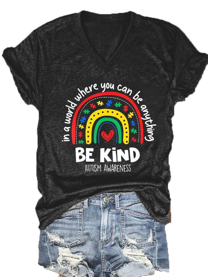 Women's Autism Awareness Rainbow Print V-Neck T-Shirt