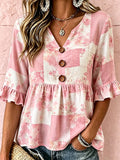 Women's Vintage-Style Printed Cotton-Linen Top