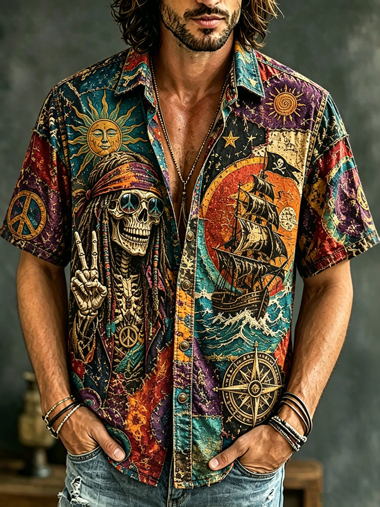 Men's Hippie Skull Fun Pirate Art Print Casual Shirt