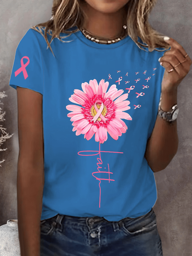 Women's Pink Daisy Faith Pink Ribbon Faith Hope Love Breast Cancer Awareness Print Round Neck Short Sleeve T-Shirt