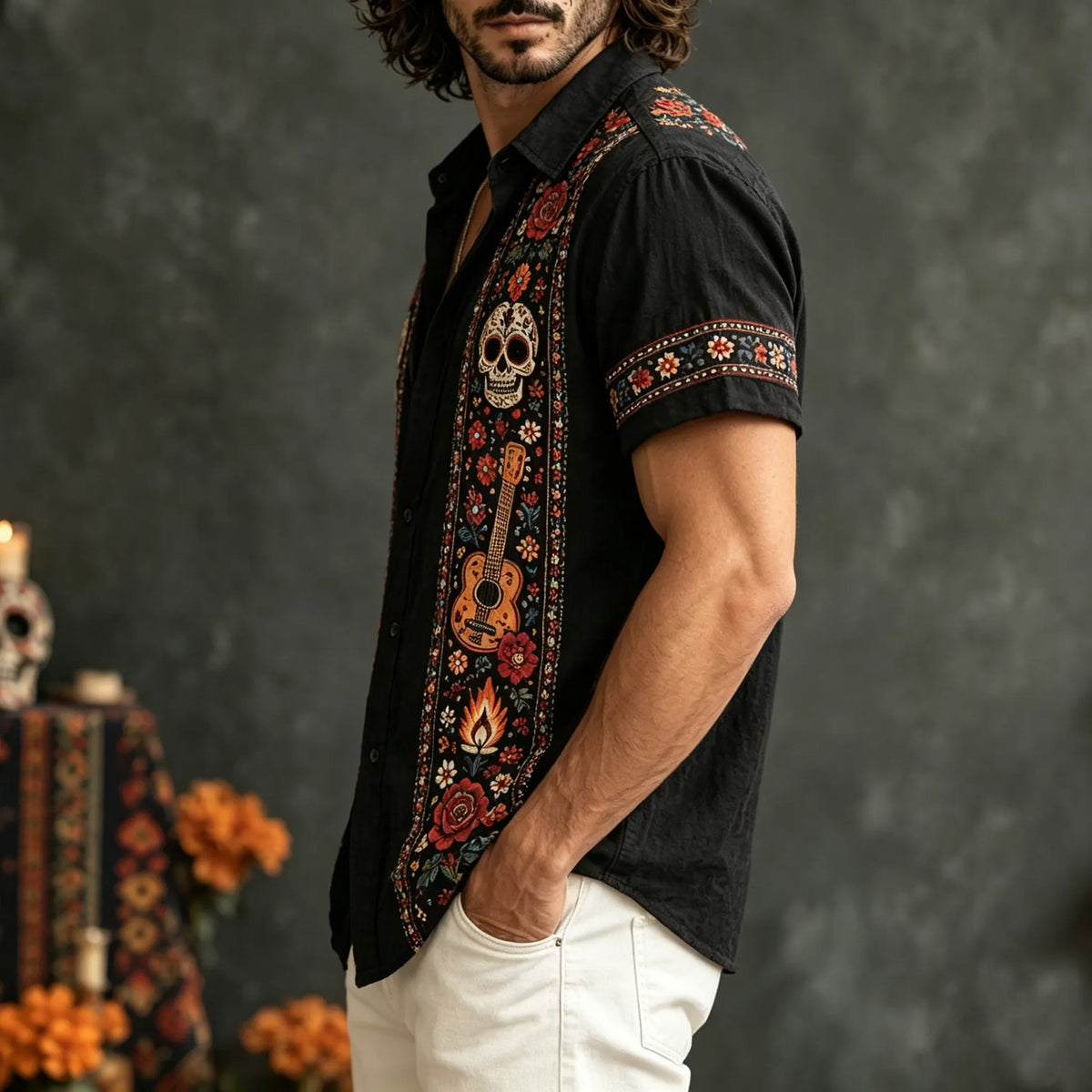 Men‘s Retro Mexico Day Of The Dead Sugar Floral Skull Printed Shirt