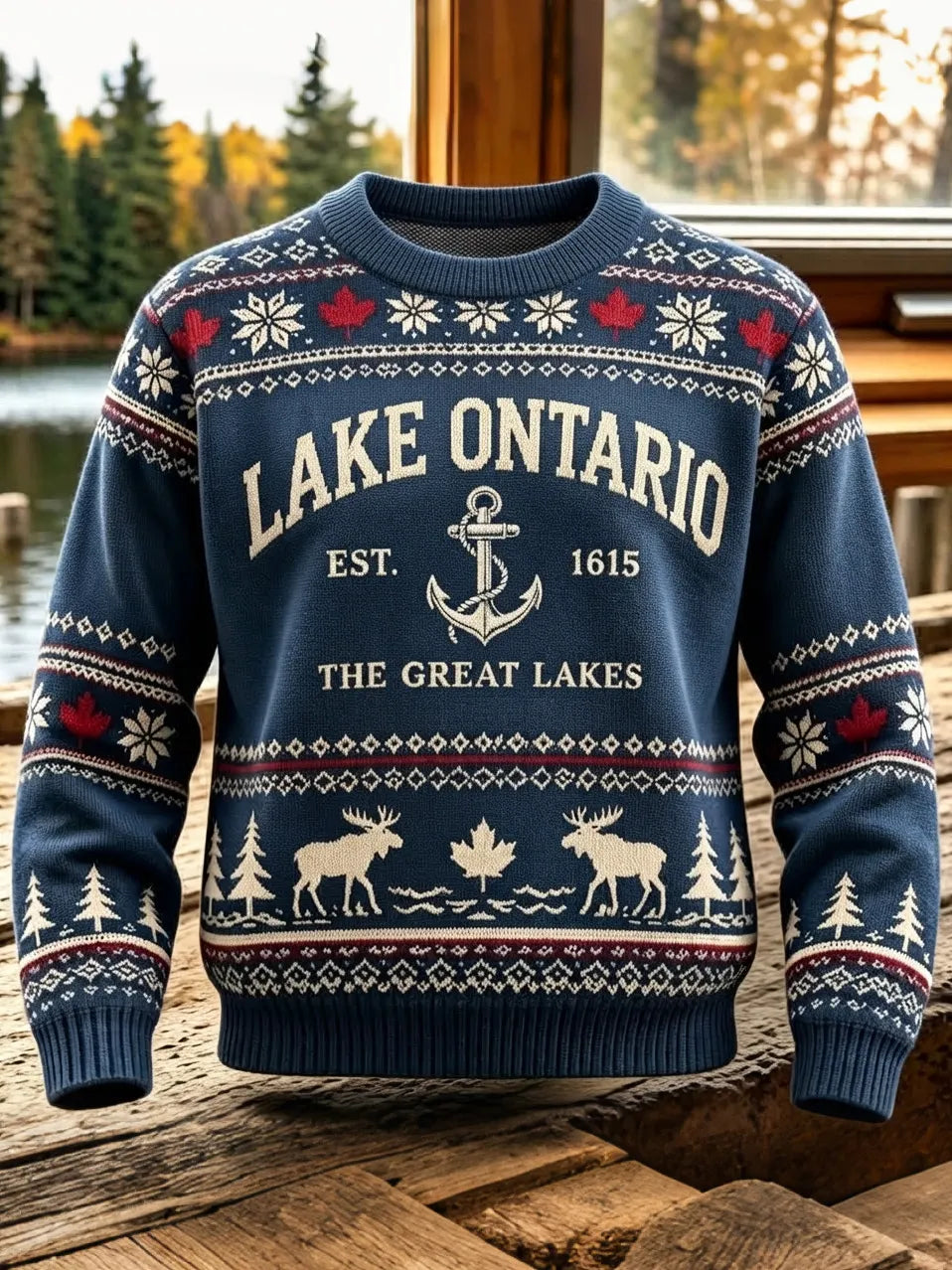 1615 Lake Ontario Canada Icelandic Style Jacquard Knit Warm Sweater