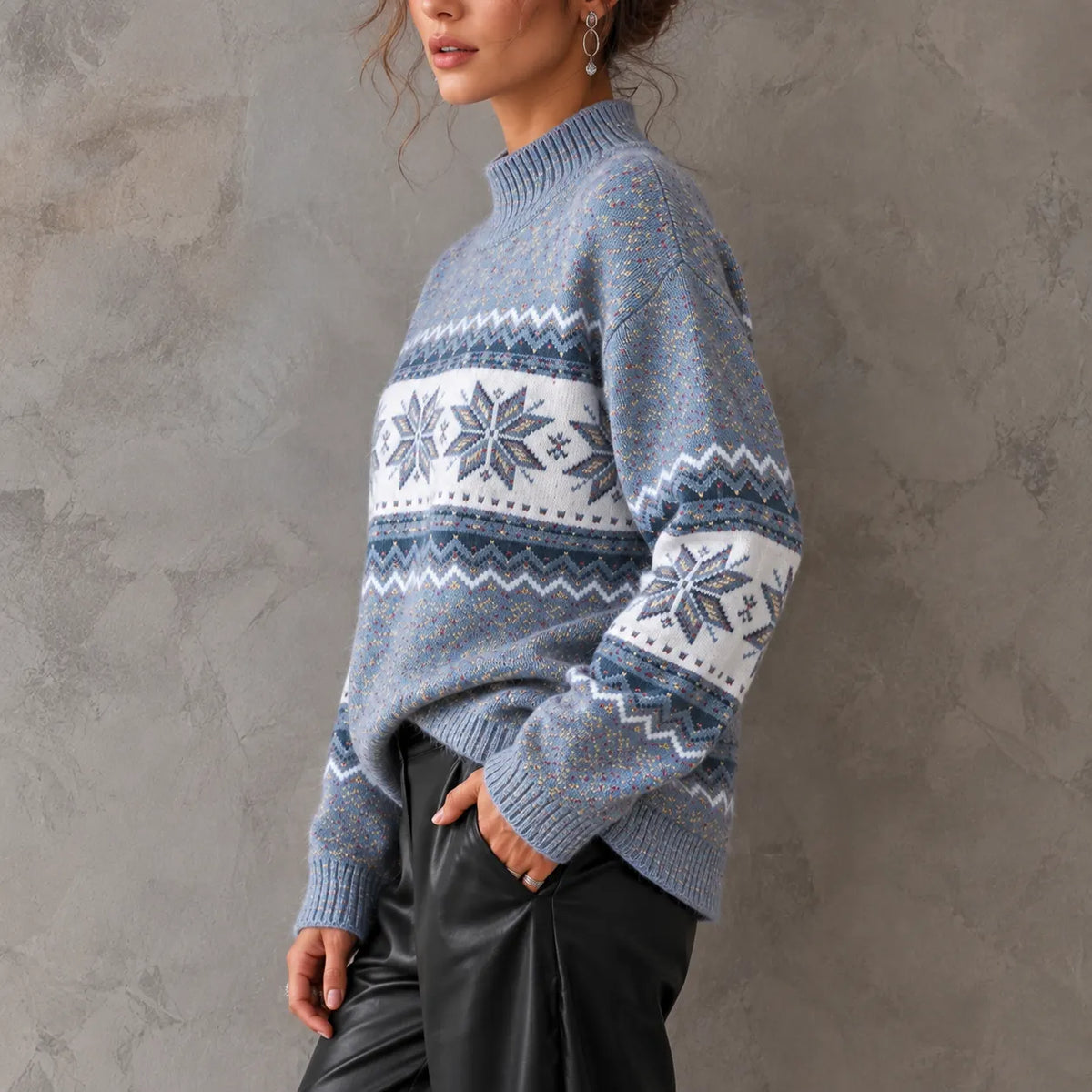 Elegant Mock-neck Snowflake Sweater