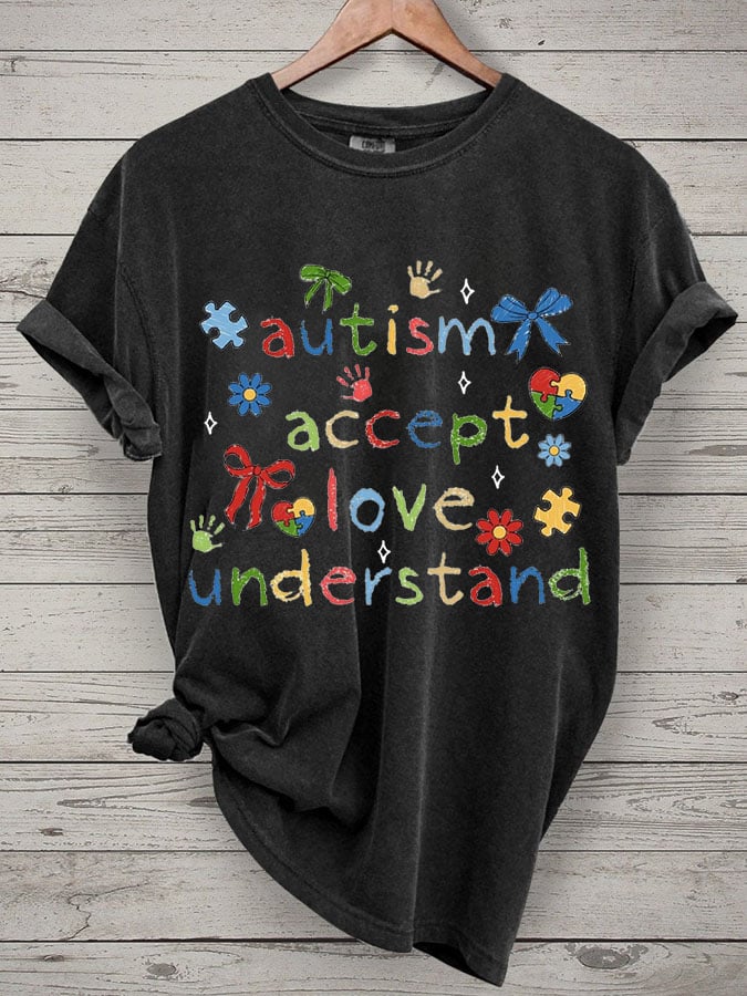 Women's Accept Love Understand Autism Awareness Printed Short-Sleeved T-Shirt