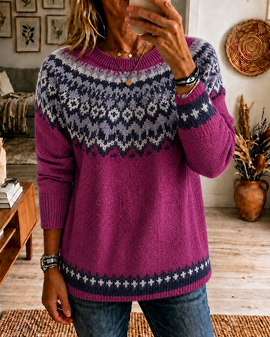 Women'S Pink Breast Cancer Awareness Printing Multi-Color Leisure Round Neck Color Contrast Loose Knit