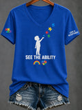 Women'S Casual V-Neck Top With Autism Awareness Print