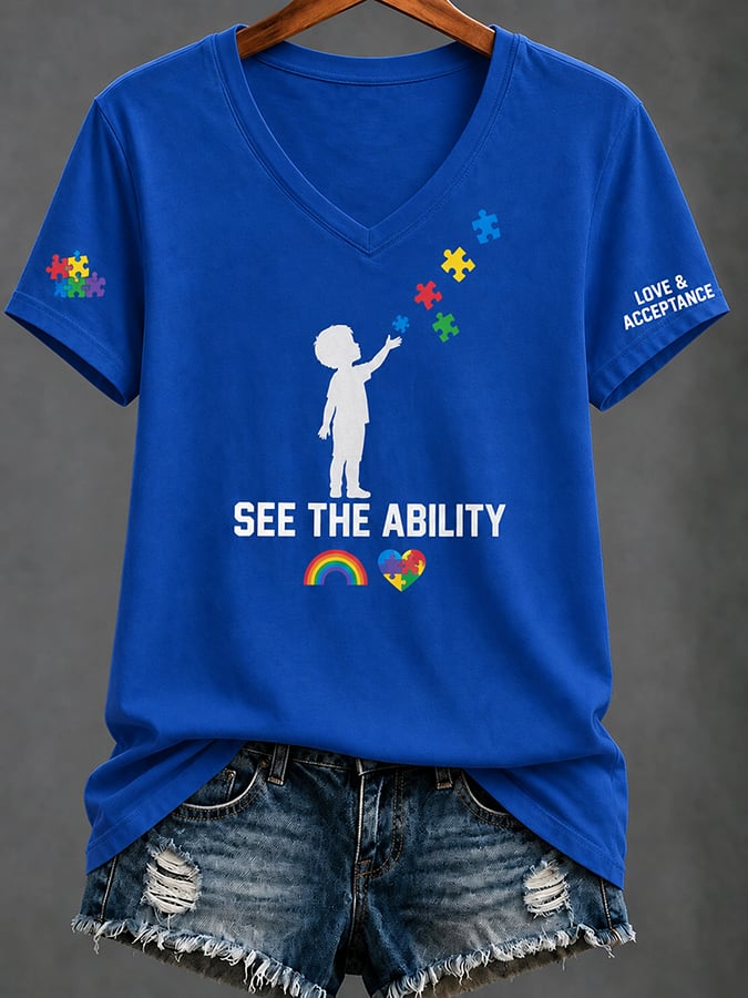 Women'S Casual V-Neck Top With Autism Awareness Print