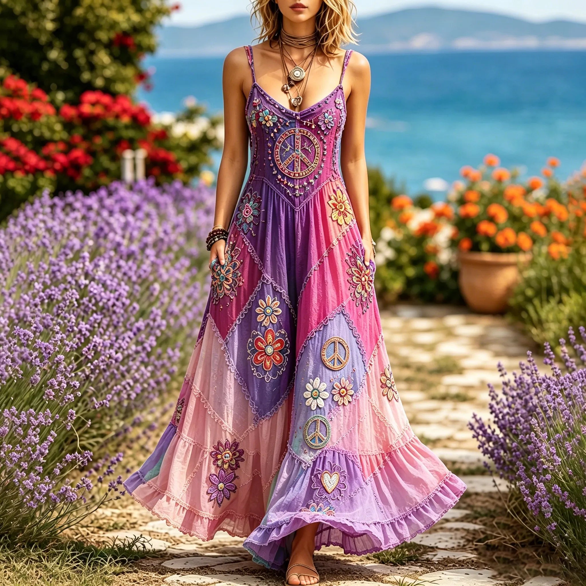 Women's Hippie Floral Peace Sign Contrast Patchwork Sleeveless Dress
