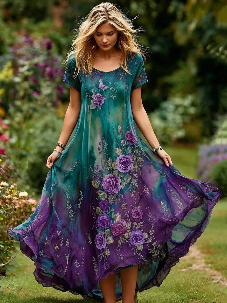 Women's Vintage Floral Embroidery Gradient Pattern Round Neck Dress