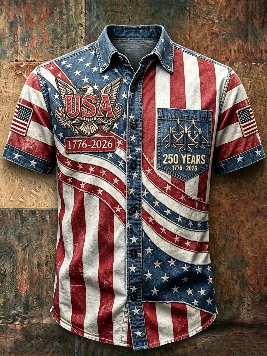 Men's Retro Short-Sleeve Shirt with USA 250th Anniversary Print
