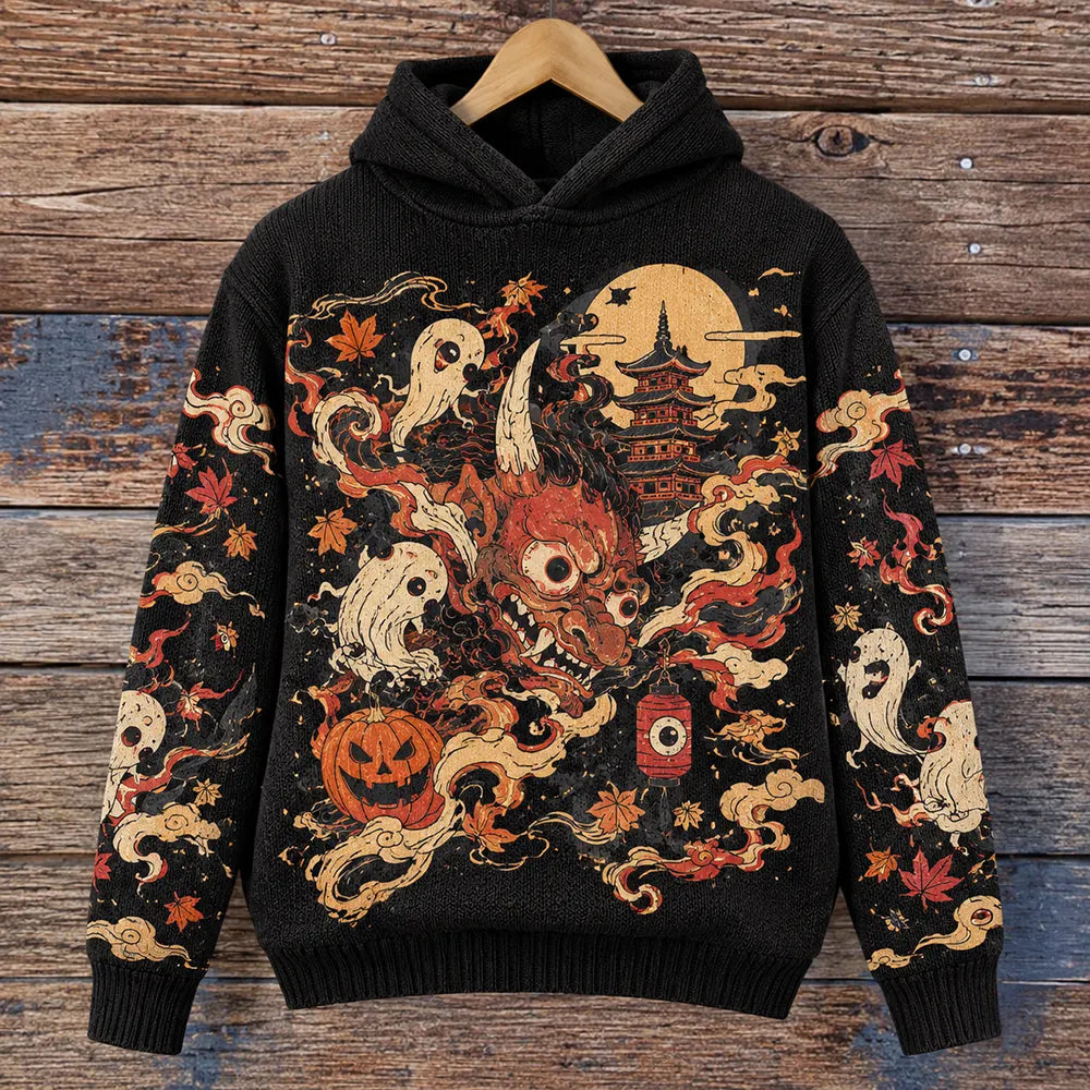 Men's Japanese Ukiyo-e Oni Demon Pumpkin Ghost Knitted Hoodie