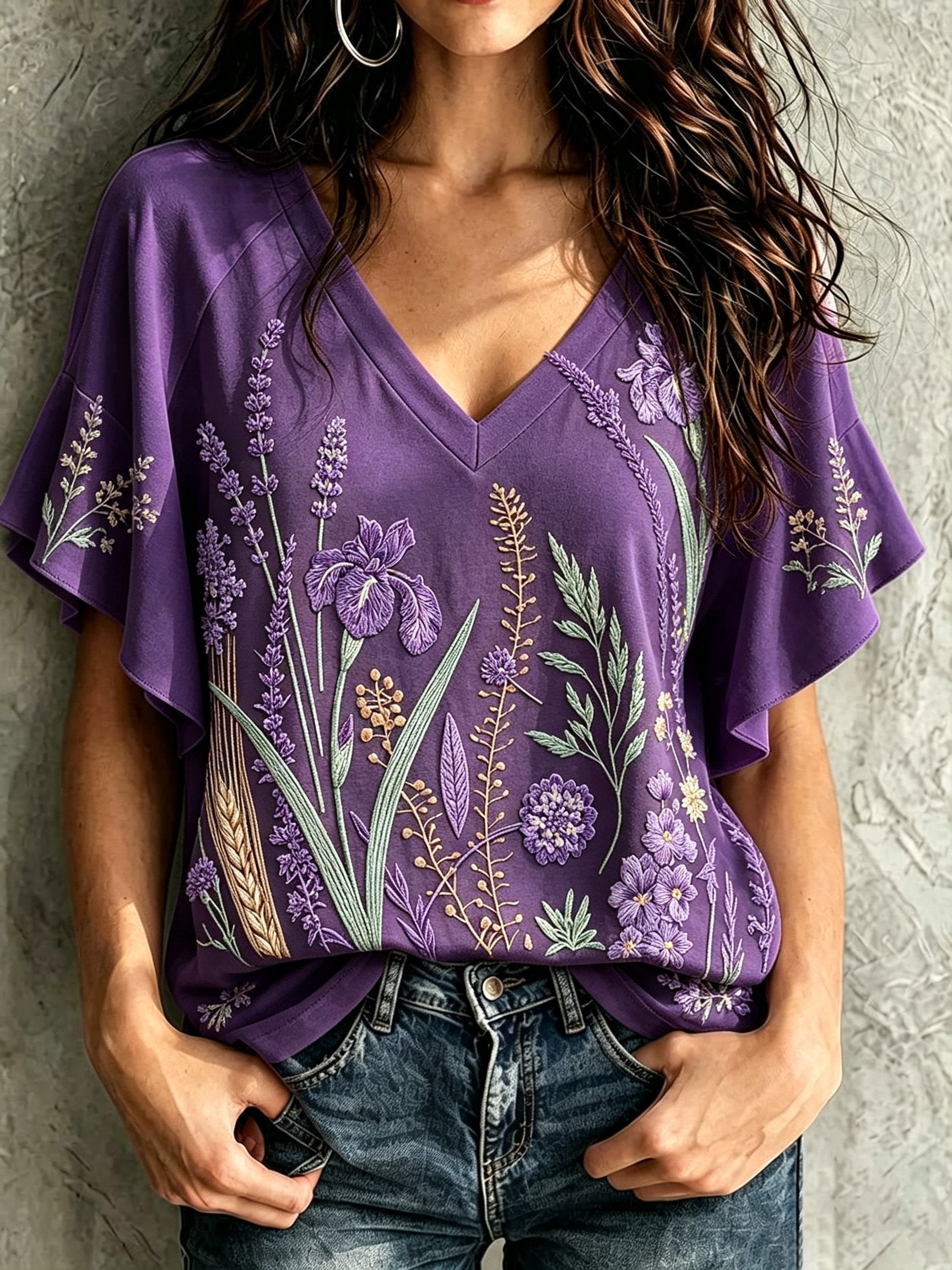 Women's Purple Floral Alzheimer's Disease Print Comfortable V-Neck T-Shirt