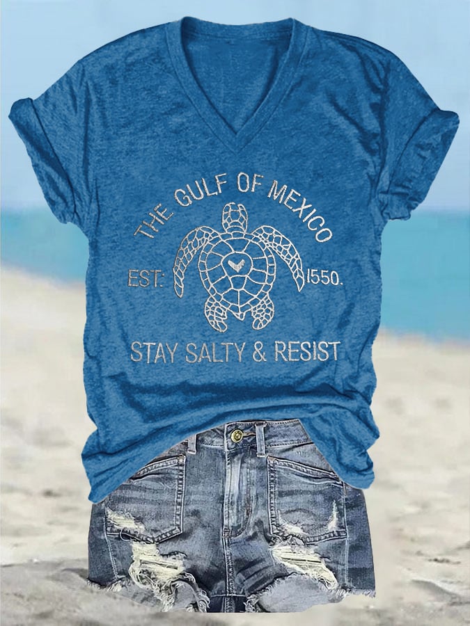 Women's Retro The Gulf Of Mexico Est 1550 Stay Salty And Resist Print T-Shirt
