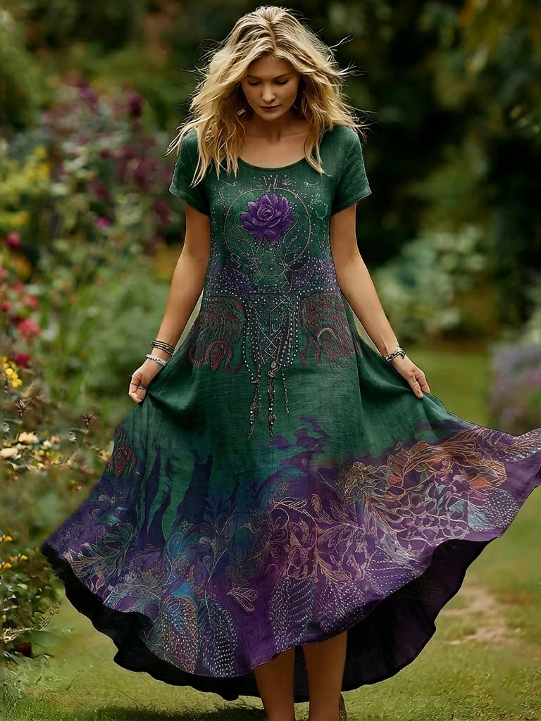 Women's Vintage Purple Rose Gradient Pattern Casual Round-neck Dress