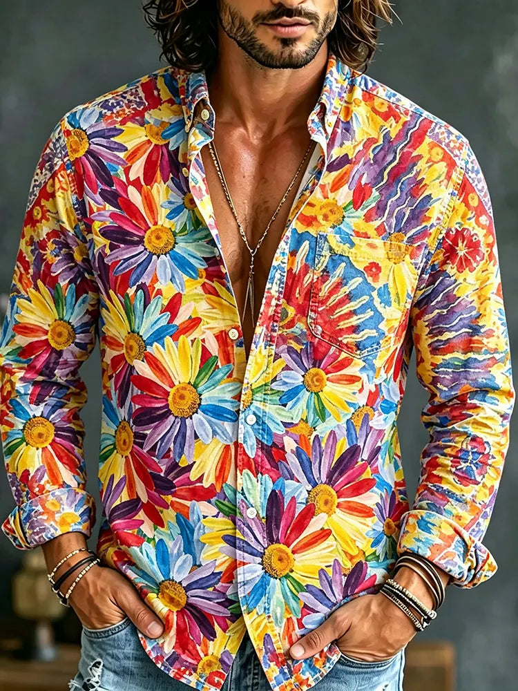 Men's Retro Hippie Floral Tie-dye Print Long-sleeve Cotton Linen Shirt
