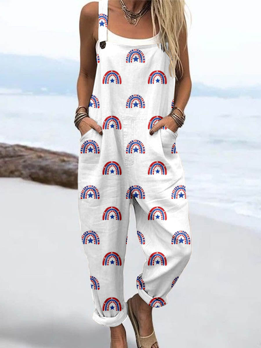 Wome'S Simple Style Independence Day Rainbow Pattern Print Casual Cotton Wide Leg Jumpsuit