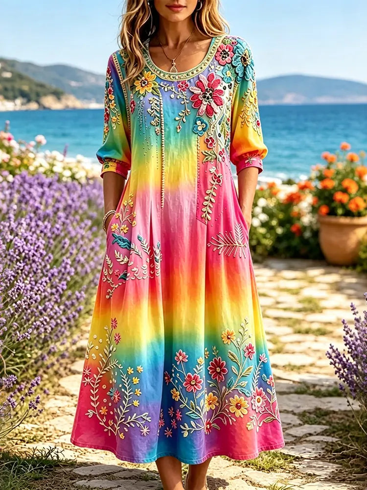 Women's Retro Floral Tie-dye Color-blocked Vacation Dress