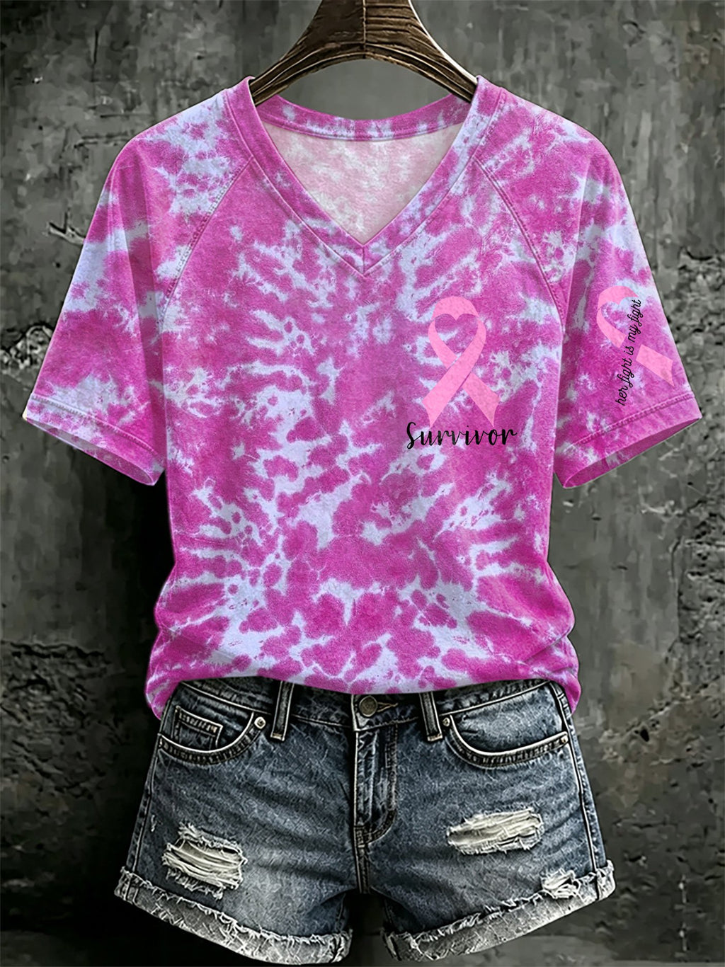 V Neck Retro Breast Cancer Ghost Pink Ribbon Survivor Her Fight Is My Fight Print T-Shirt