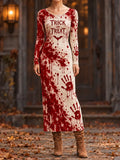 Women's "trick Or Treat" Blood Splatter And Handprint Pattern Long-sleeve Maxi Dress